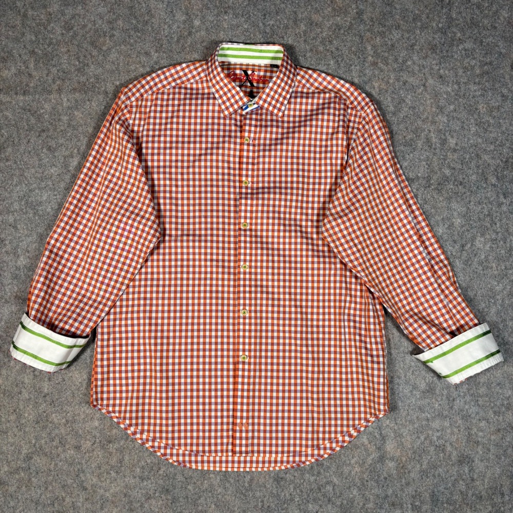Robert Graham Button Down Shirt Mens XL Orange Purple Gingham Check Flip Cuff